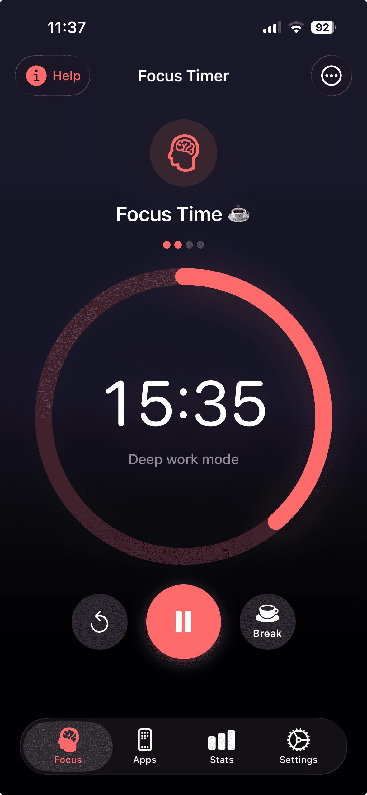 FocuTime Pomodoro timer app for iPhone - main timer screen with focus session controls