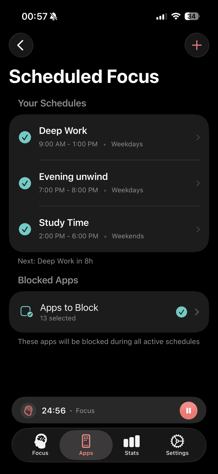 FocuTime scheduled focus feature - automatically block distracting apps on a recurring schedule for iPhone and iPad